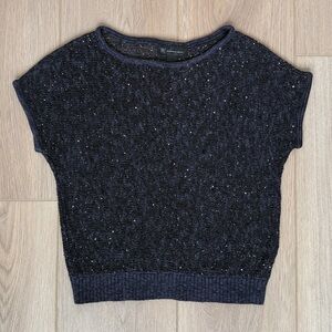 INC Sheer Cotton-Blend Knit Sweater, Cropped Fit, Short Sleeve Sequin Navy Blue